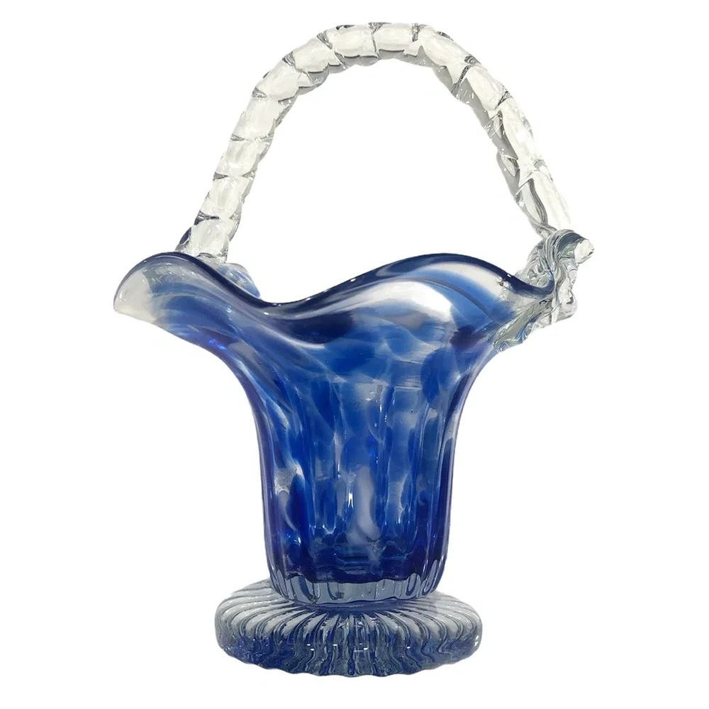 BLUE & CLEAR GLASS BASKET WITH RUFFLED WAVY EDGES